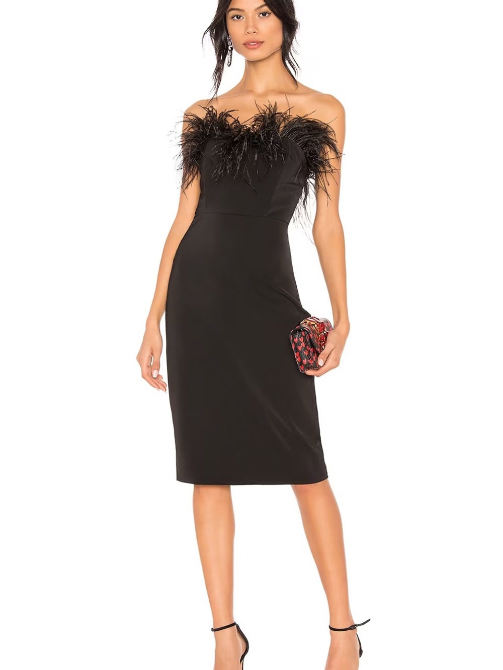 LPA Strapless Black Feather-Trim Midi Dress